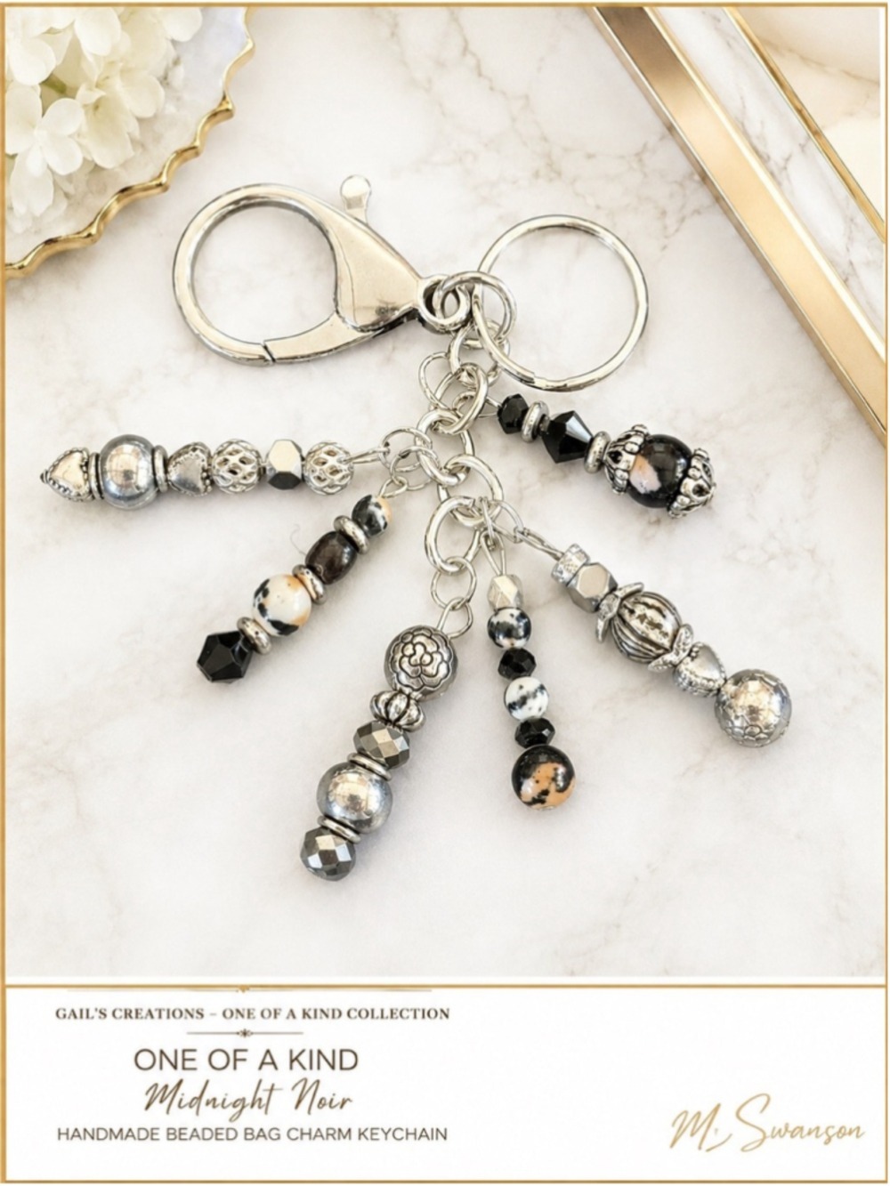 NEW ONE OF A KIND Midnight Noir Handmade Beaded Bag Charm Keychain (#11)